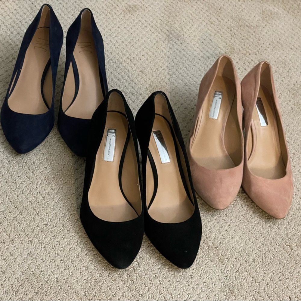 INC International Concepts Suede Pointed Toe Pumps in Navy, Black & Blush